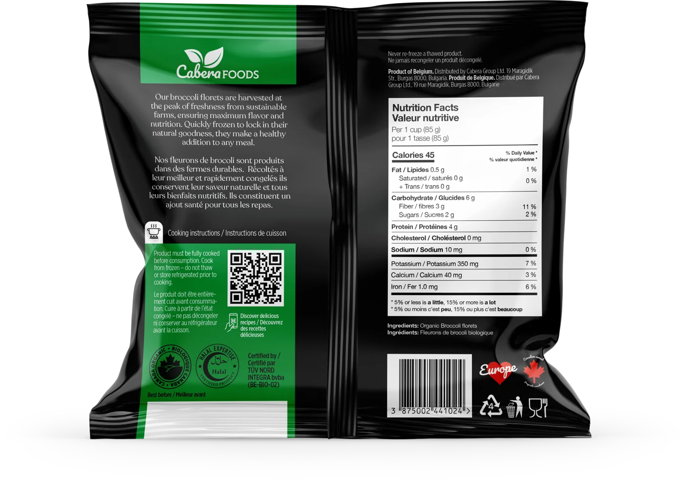Back of the Broccoli florets pack: description, instructions and nutrition facts