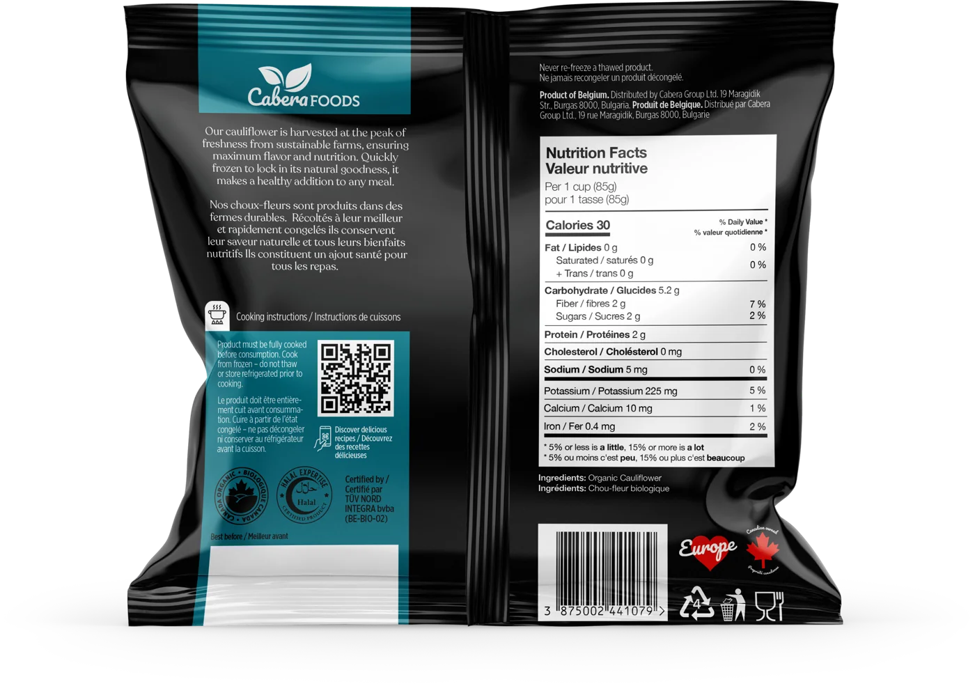 Back of the Cauliflower pack: description, instructions and nutrition facts