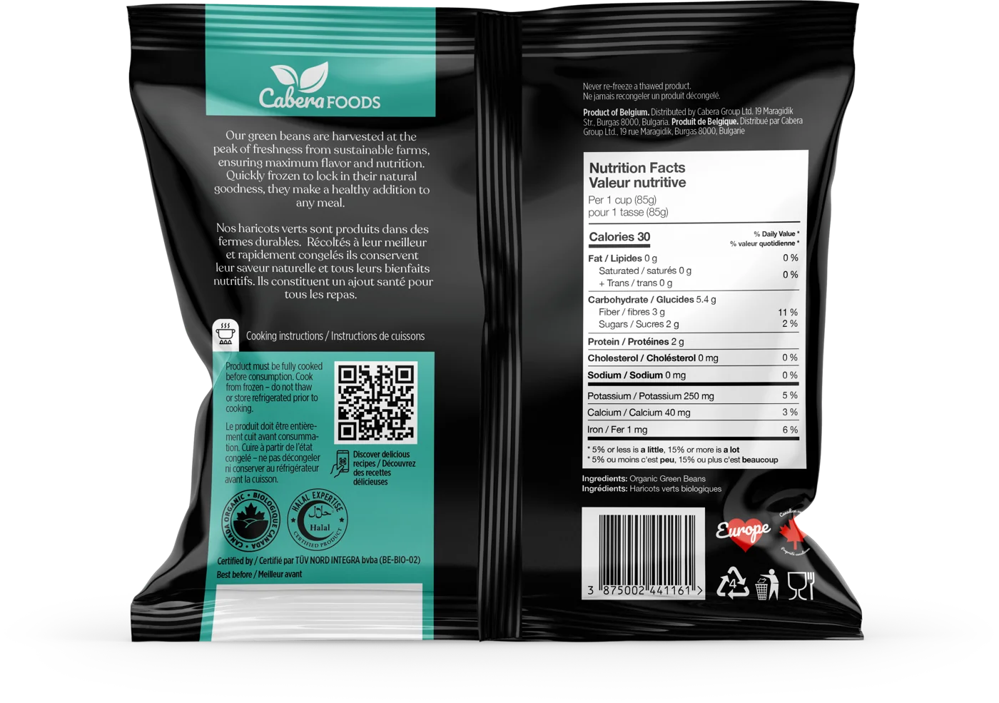 Back of the Green beans pack: description, instructions and nutrition facts