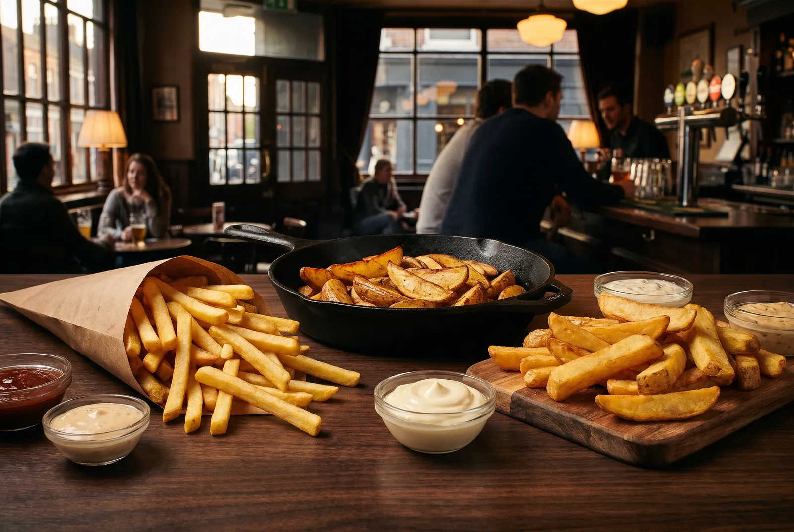 Belgian fries three ways: straight cut, wedges and steak cut