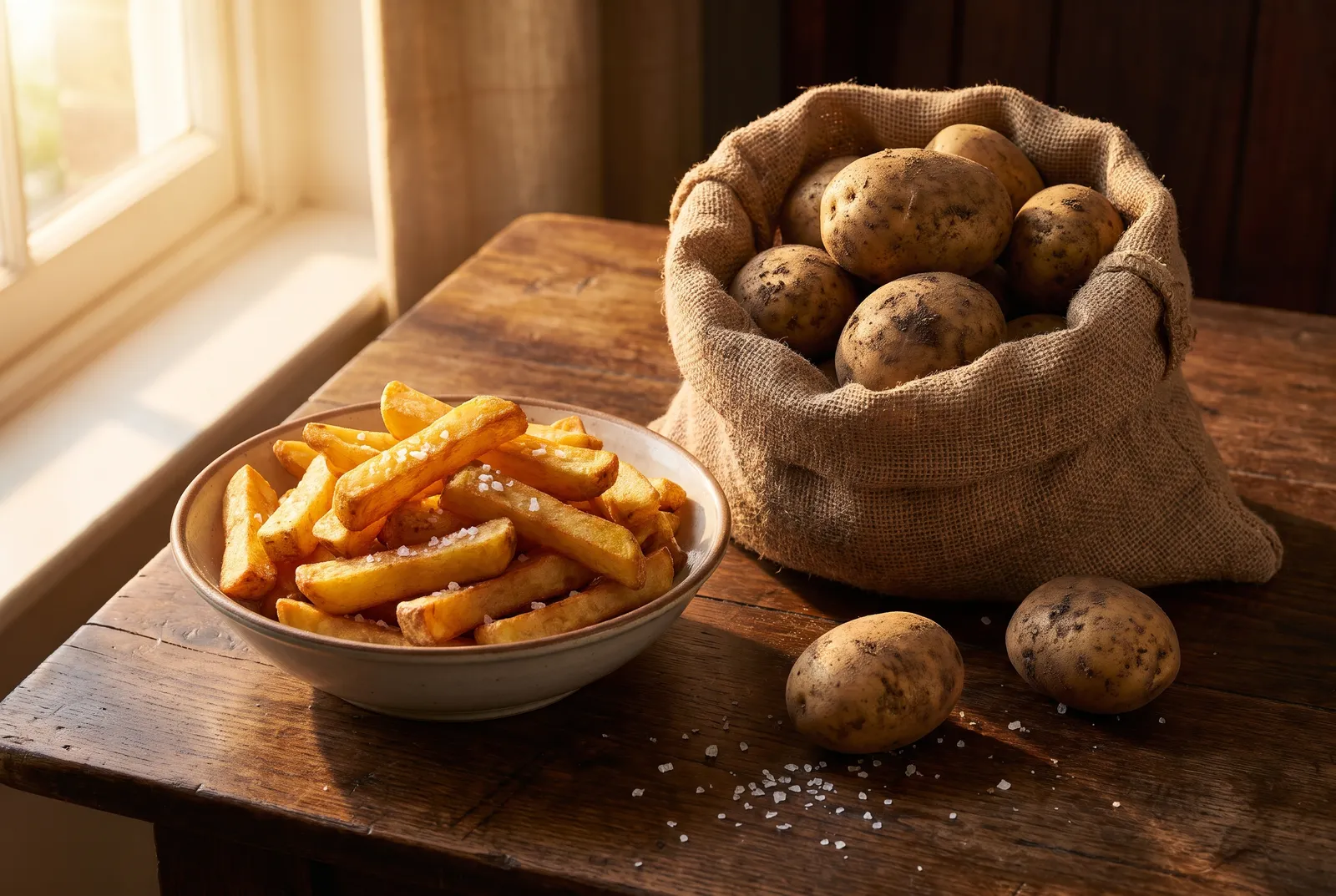 Pommes de terre biologiques en sac de lin et bol de frites au four