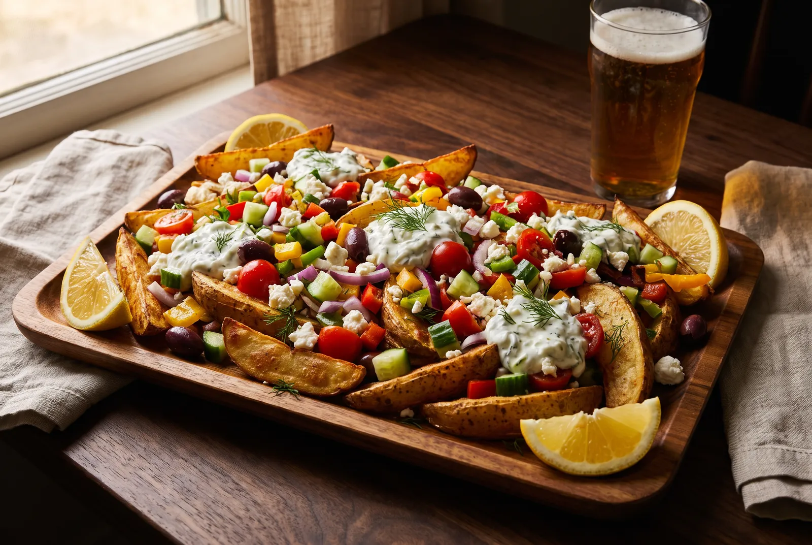 Quartiers de pommes de terre garnis de feta, olives, concombre et tzatziki