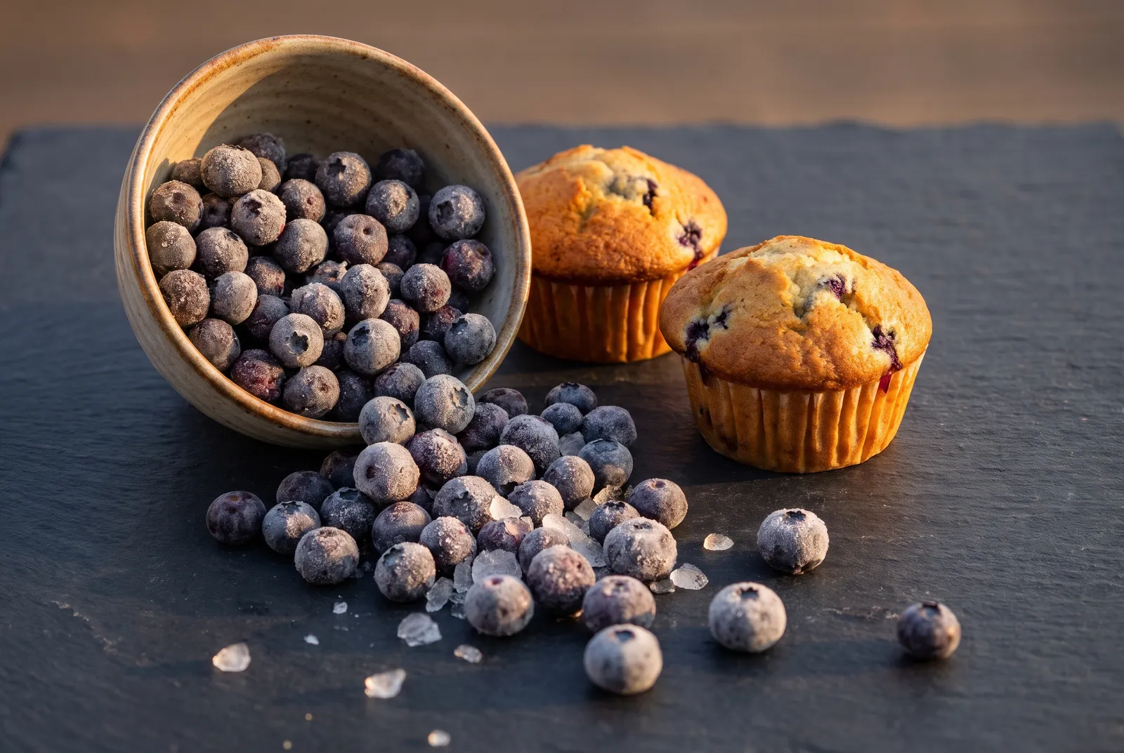 Frozen blueberries and blueberry muffins