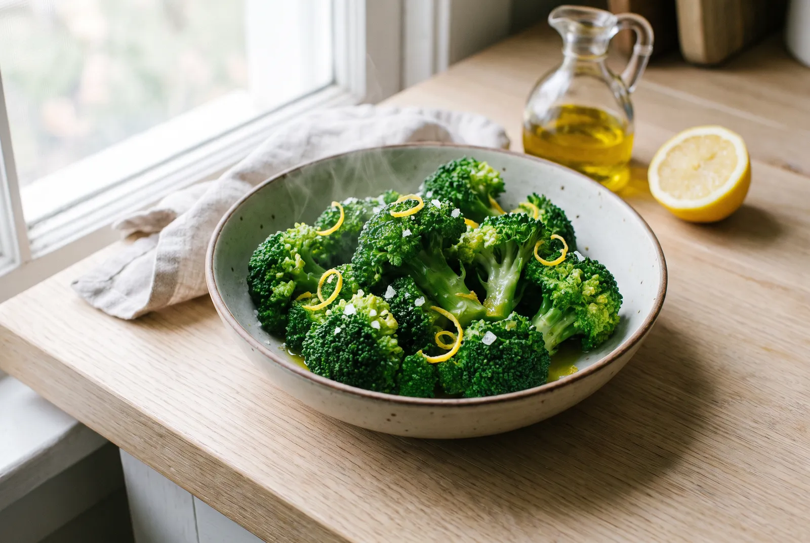Steamed broccoli florets with olive oil and lemon zest