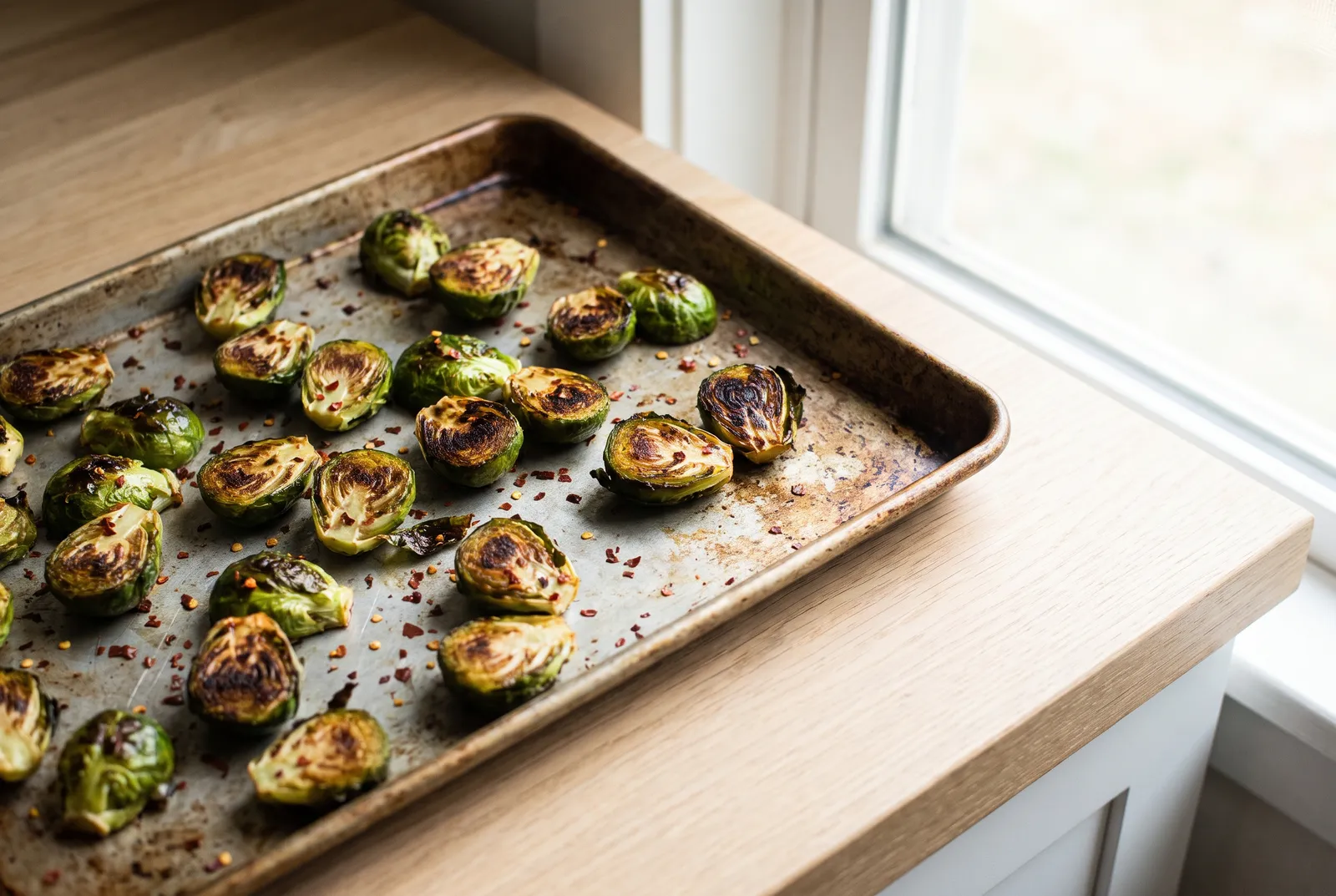Caramelized roasted Brussels sprouts on a sheet pan