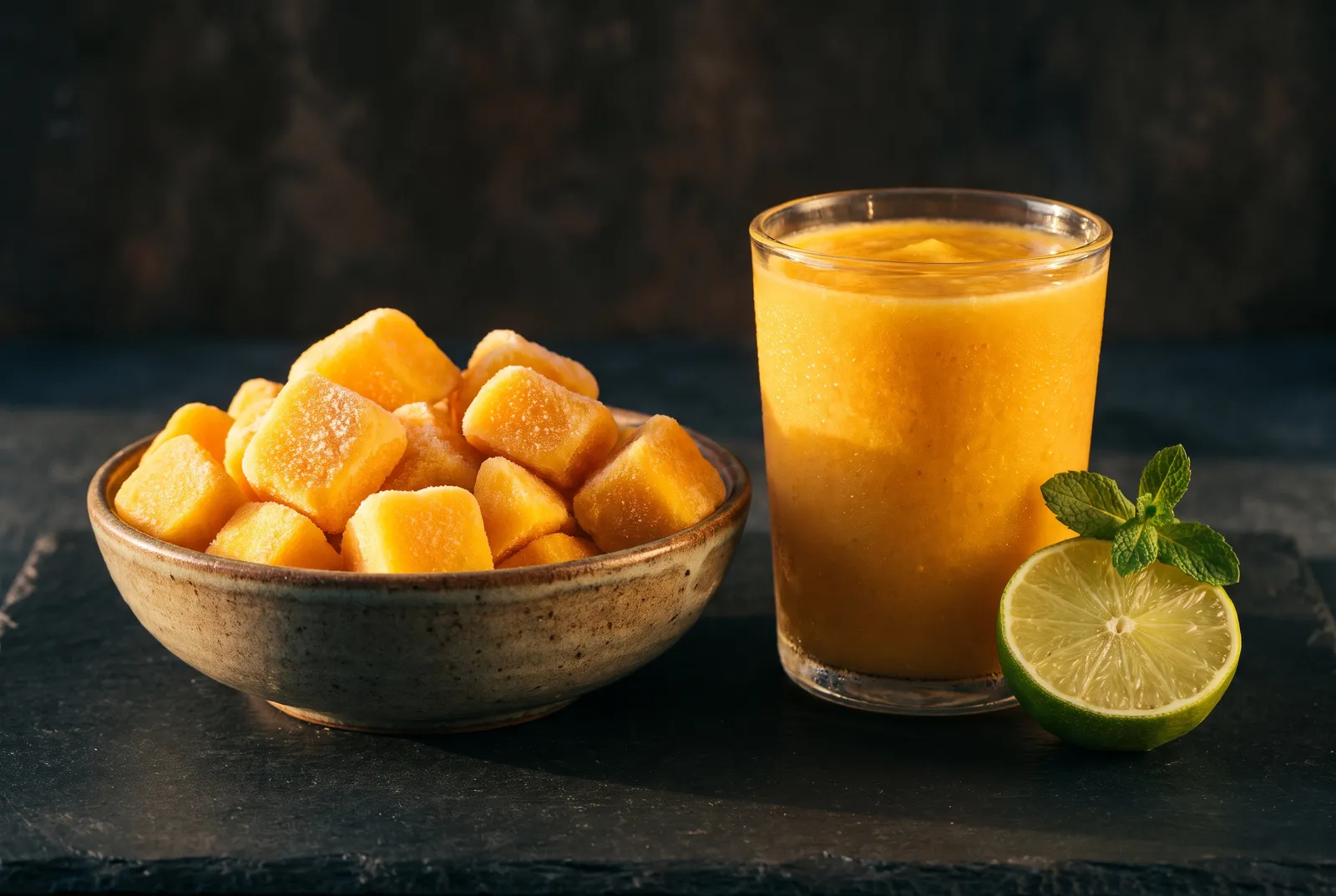 Frozen mango chunks and a mango smoothie