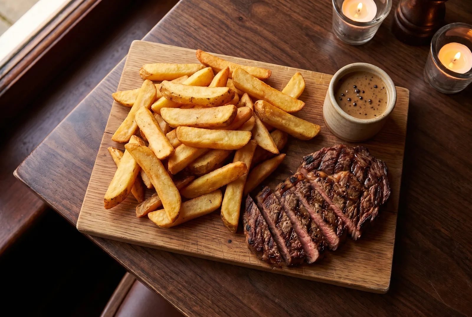 Steak cut fries beside a sliced grilled steak