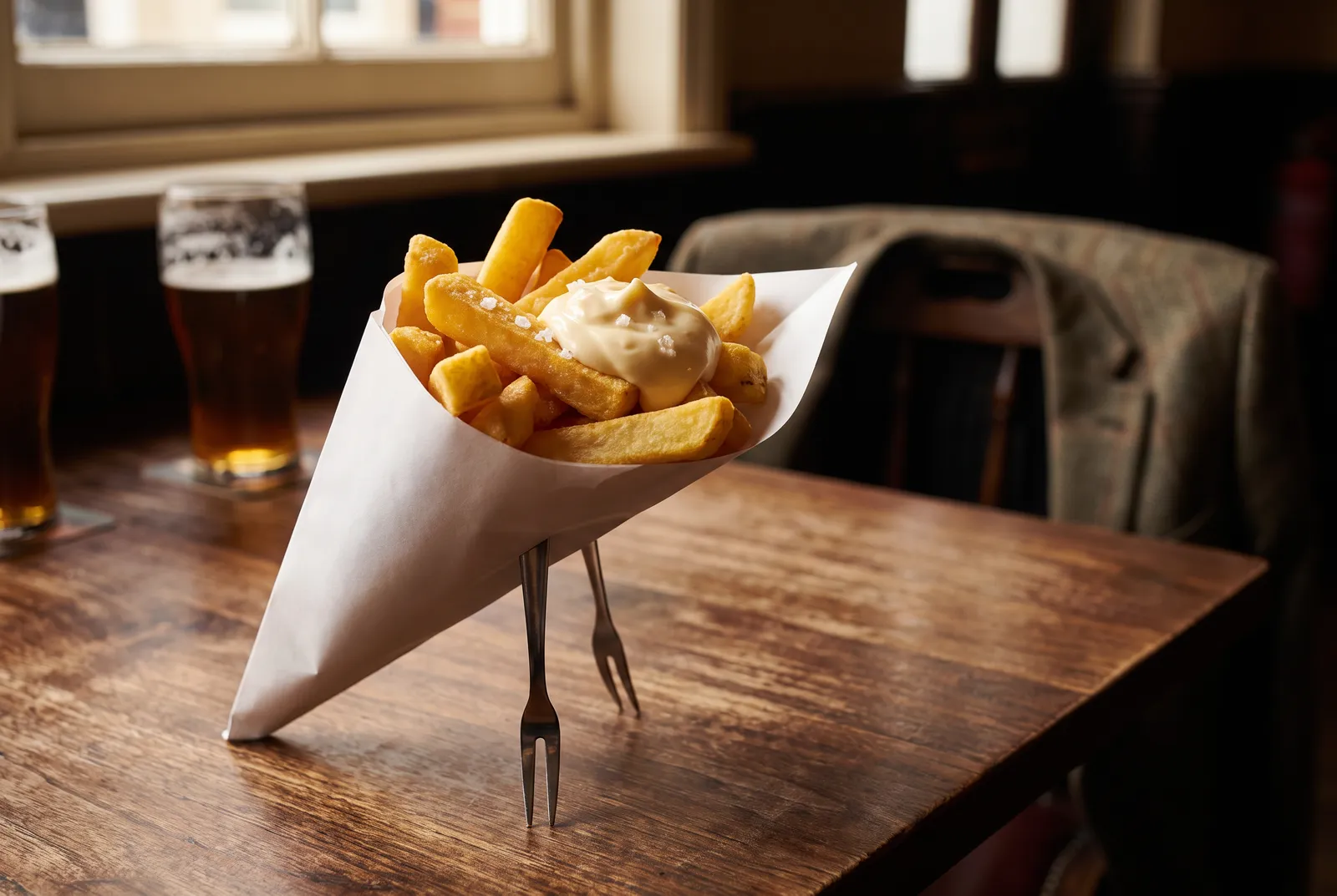 Straight cut fries in a paper cone with mayonnaise