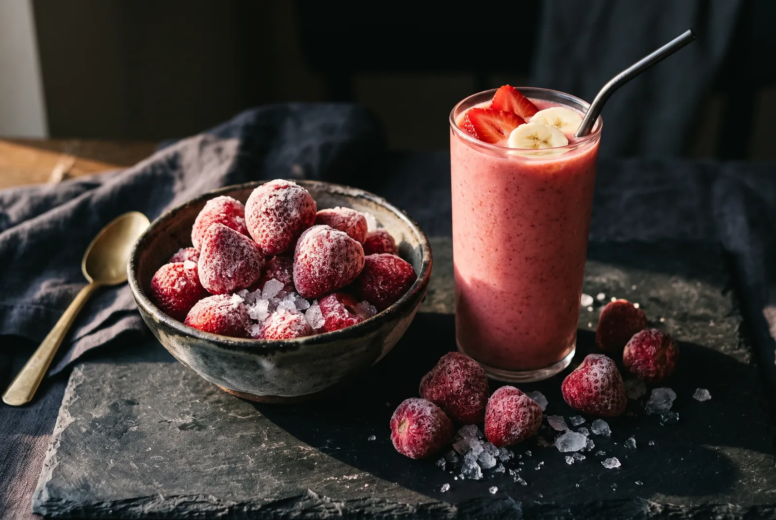 Frozen strawberries and a strawberry smoothie