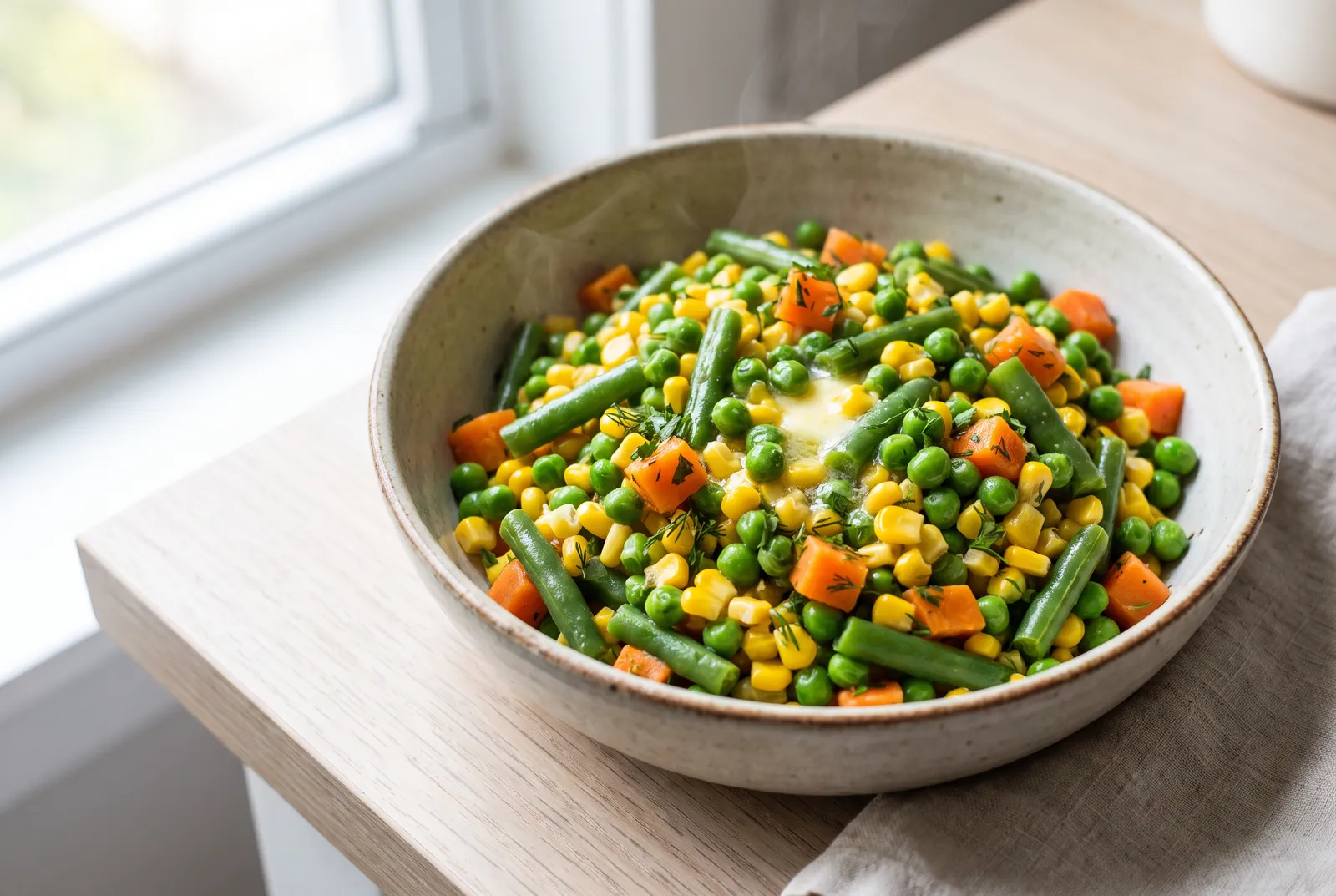 Mixed vegetables: peas, corn, green beans and carrots