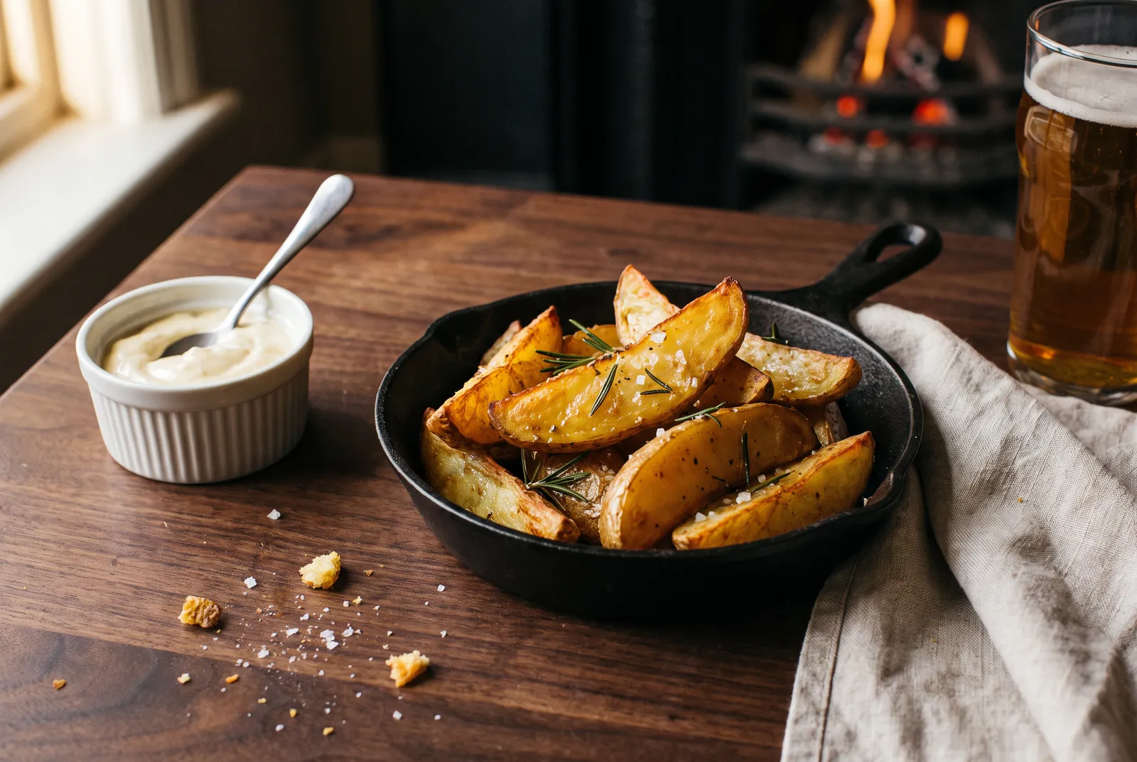 Quartiers de pommes de terre avec peau dans une poêle en fonte, romarin