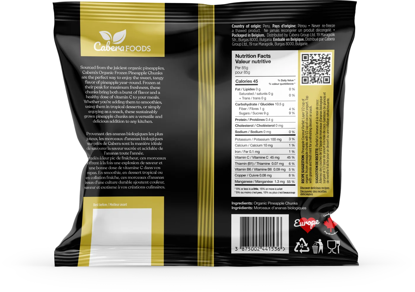 Back of the Pineapple chunks pack: description, instructions and nutrition facts