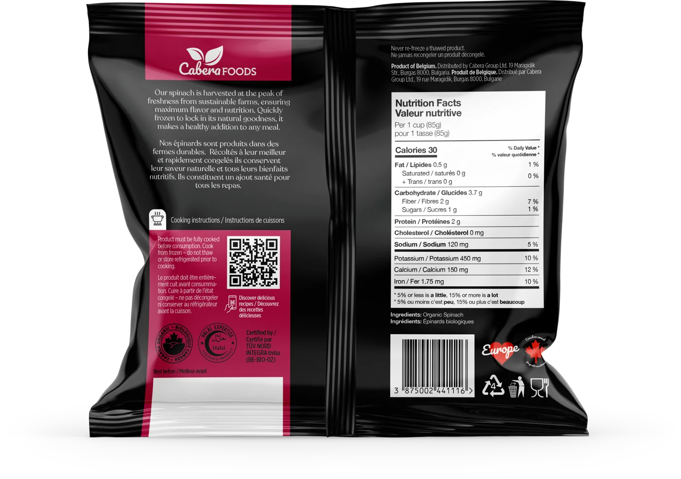Back of the Spinach portions pack: description, instructions and nutrition facts
