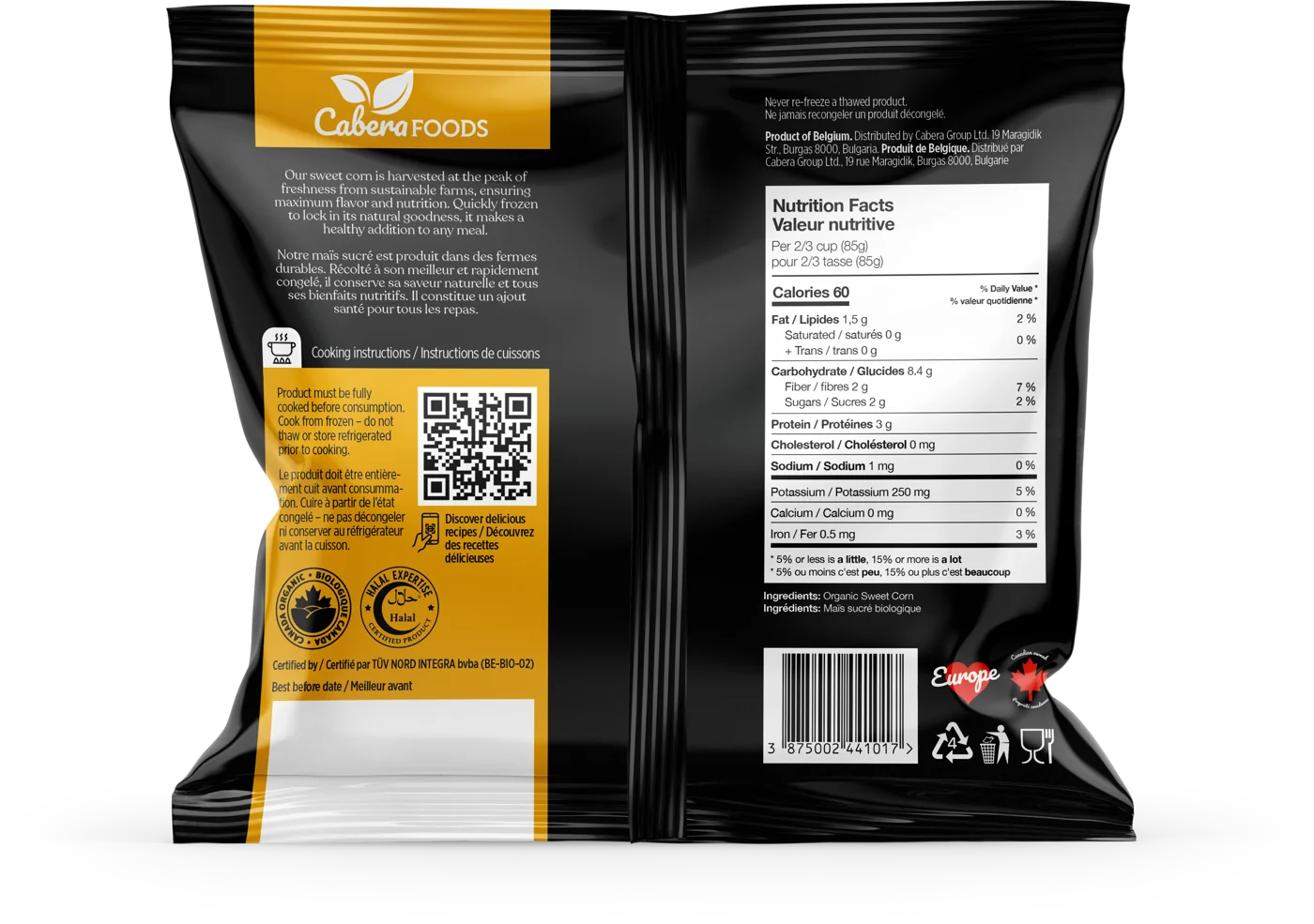 Back of the Sweet corn pack: description, instructions and nutrition facts