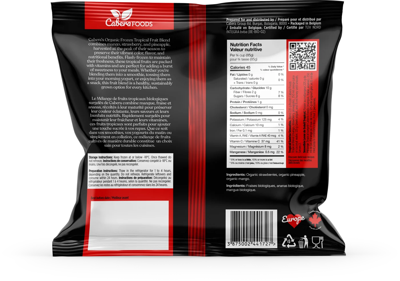 Back of the Tropical fruit blend pack: description, instructions and nutrition facts