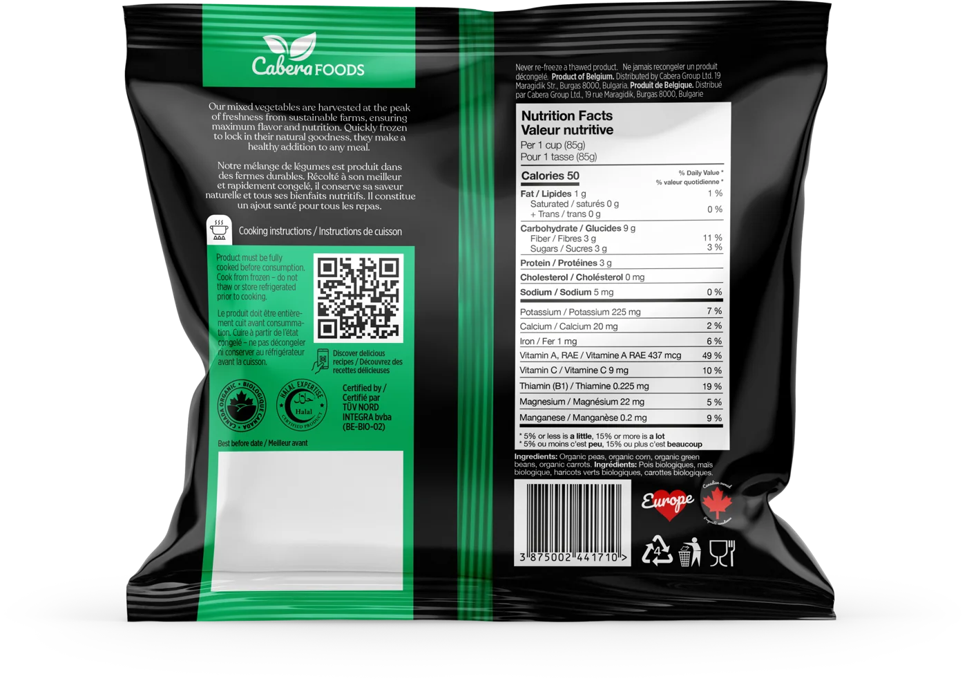 Back of the Mixed vegetables pack: description, instructions and nutrition facts